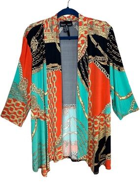 Vtg FRANK LYMAN Chain Print Open Draped Cardigan Size 18 Red Black Green Stretch